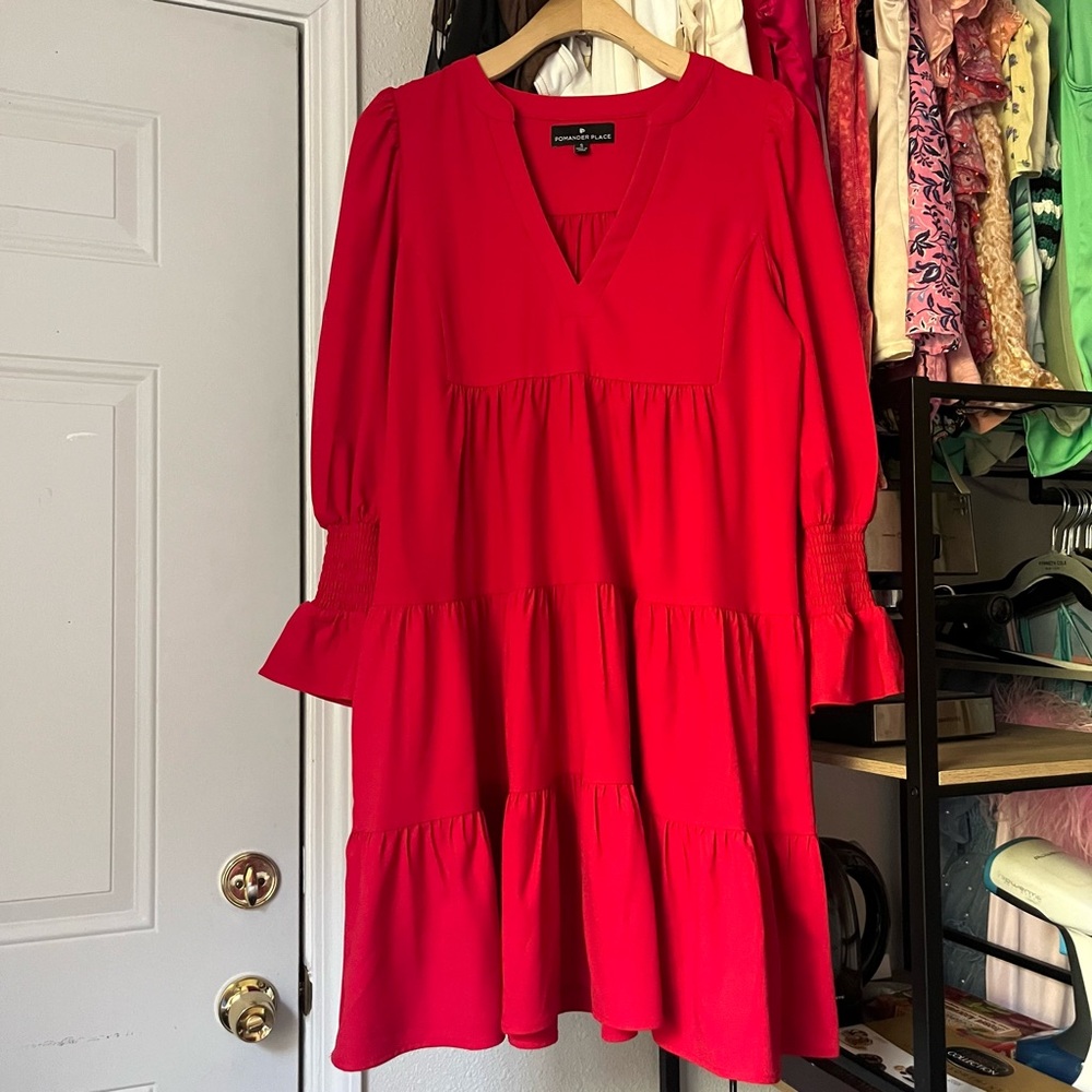 POMANDER PLACE red v neck peasant long puff bell sleeve tiered mini dress